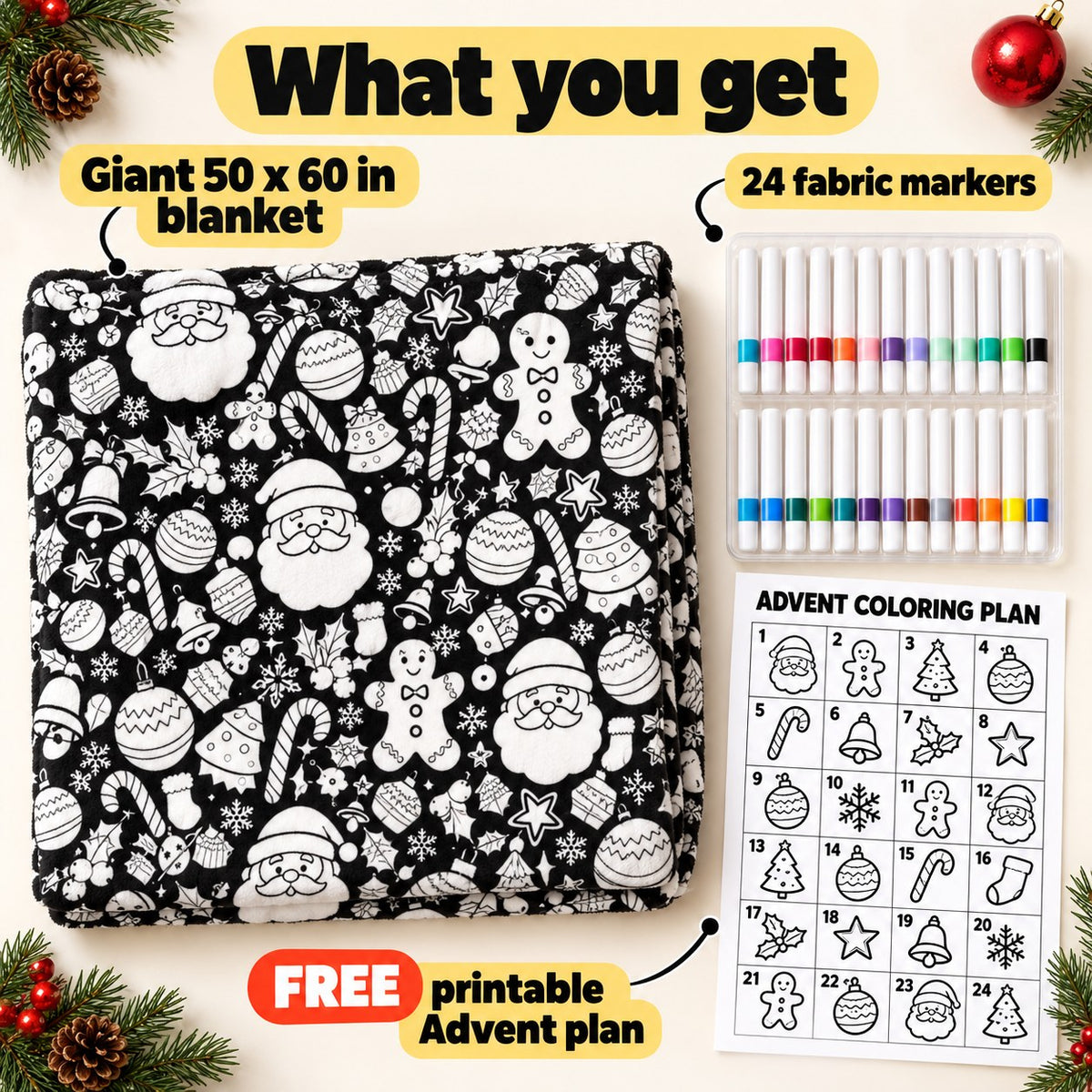 What you get: a 50 x 60 in coloring blanket, 24 fabric markers and a free printable Advent coloring plan
