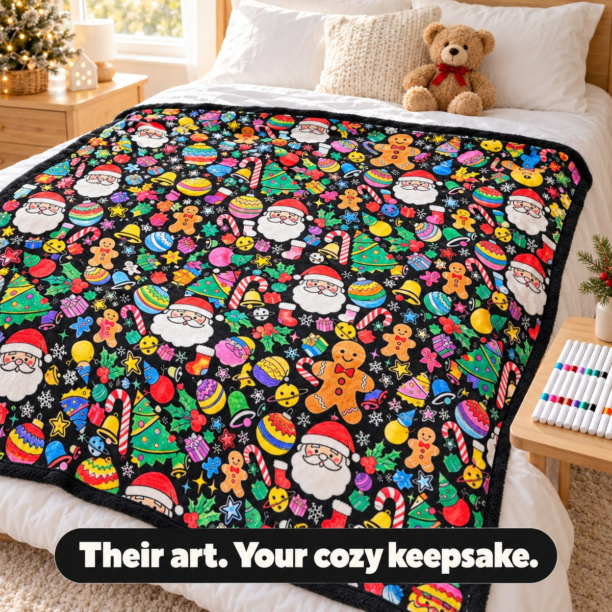 A fully colored blanket on a bed, a cozy keepsake