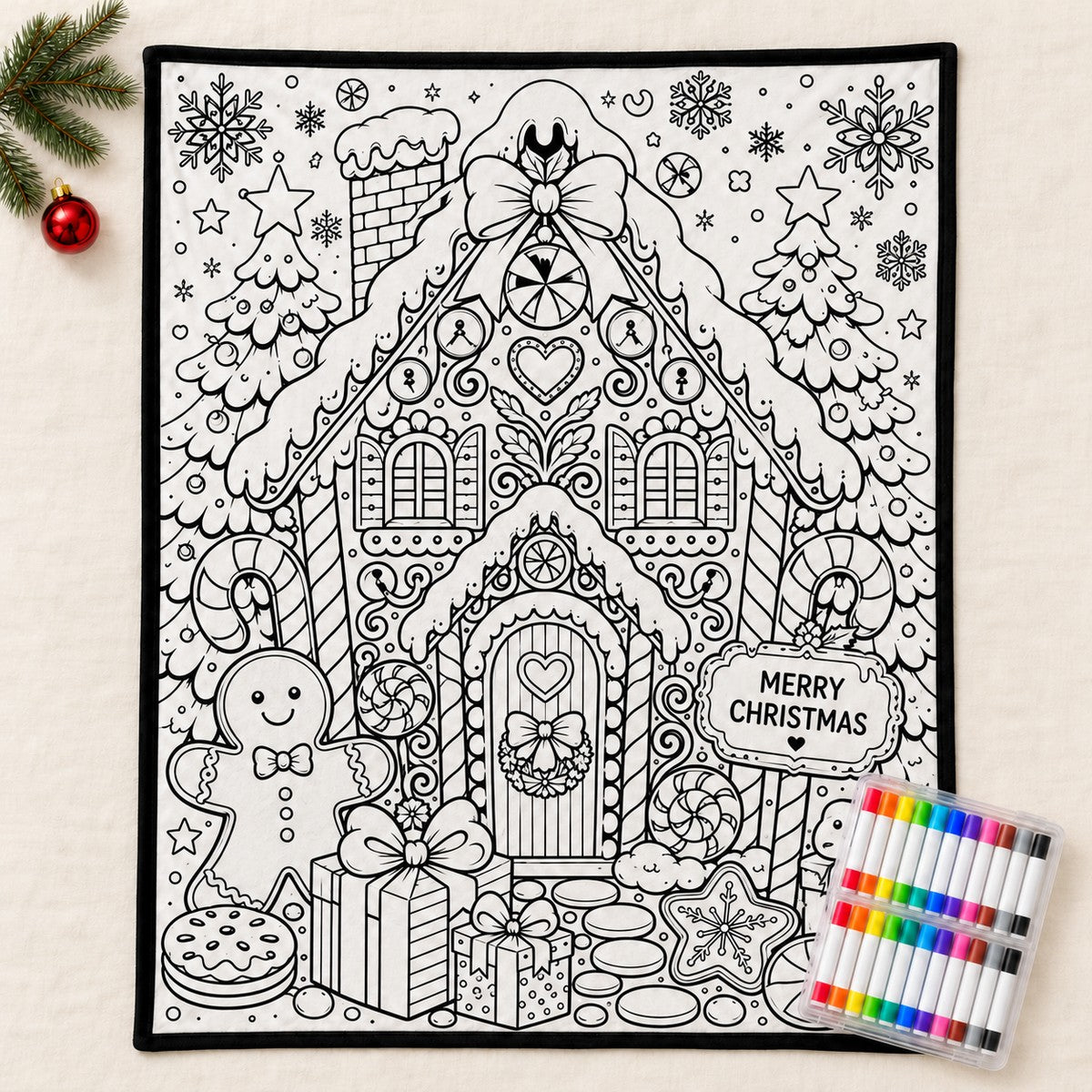 Christmas Coloring Blanket, Gingerbread House design