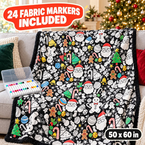 Christmas coloring blanket on a sofa, partly colored, with 24 fabric markers included