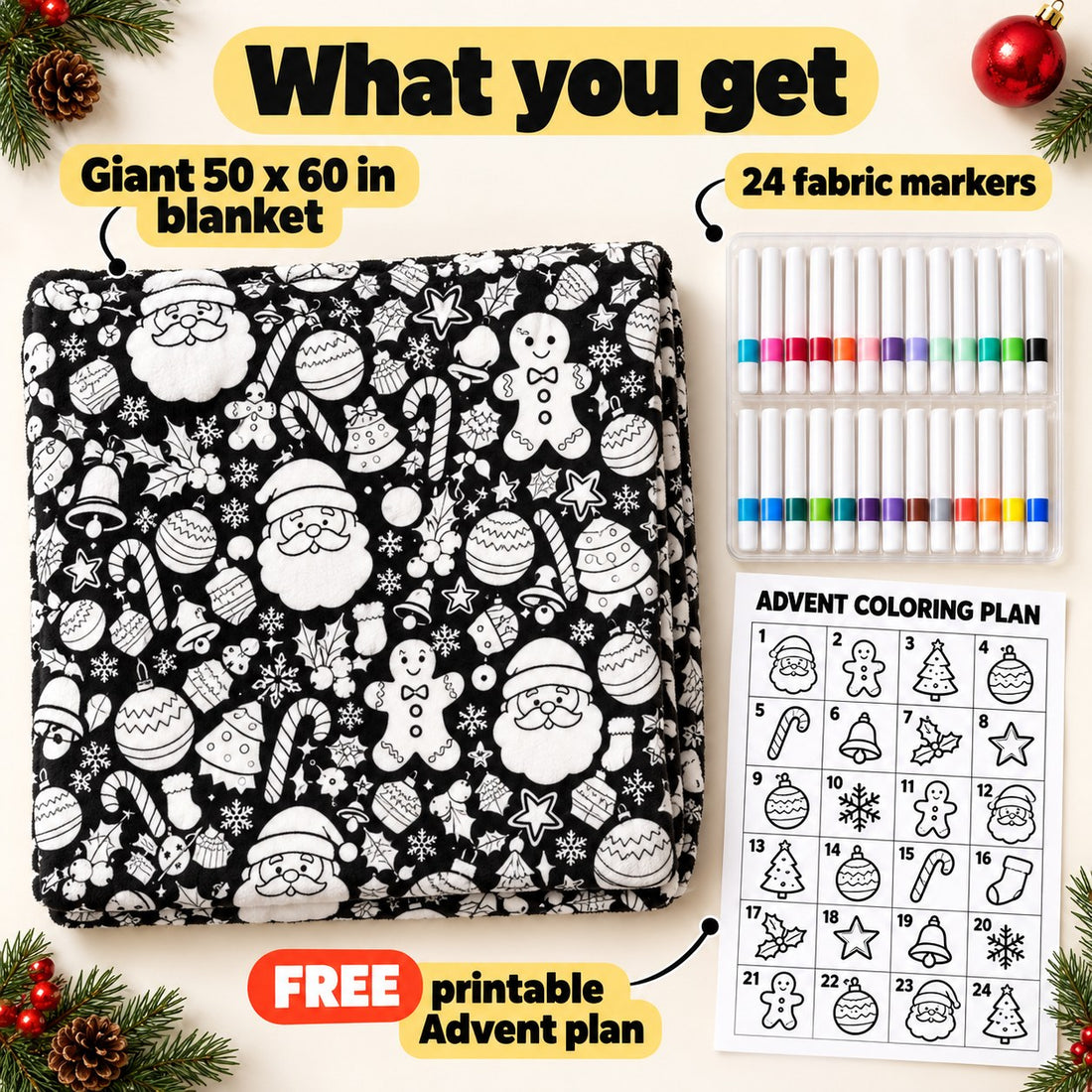 What you get: a 50 x 60 in coloring blanket, 24 fabric markers and a free printable Advent coloring plan