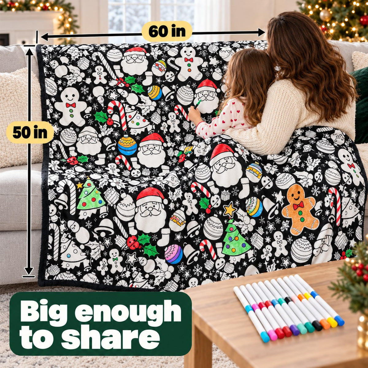 The 50 x 60 in blanket covers a sofa, big enough to share