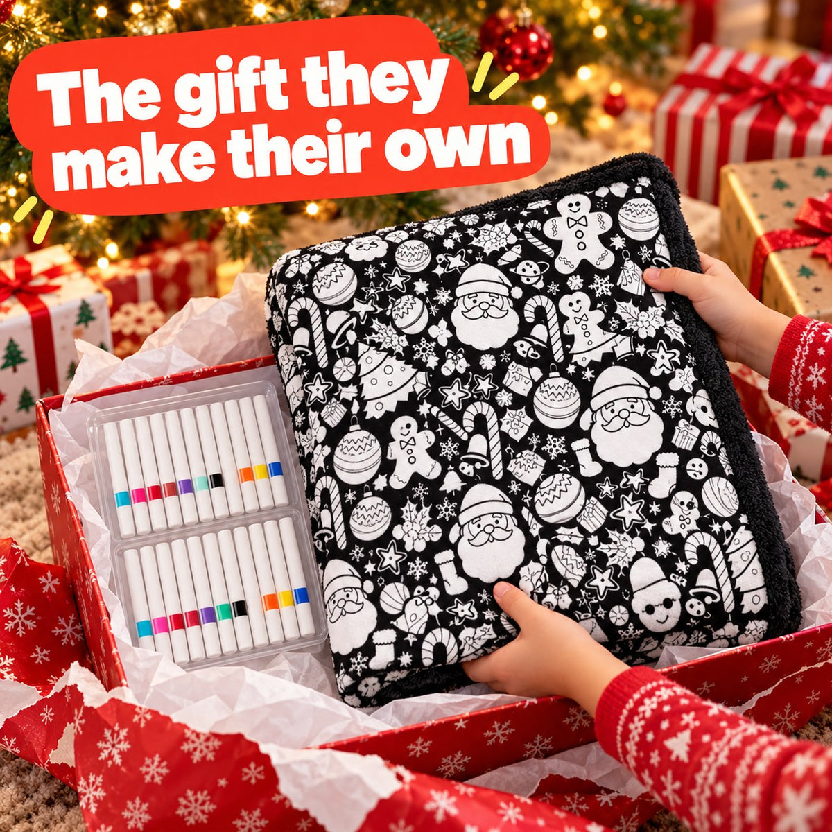A child unwrapping the coloring blanket and markers on Christmas morning